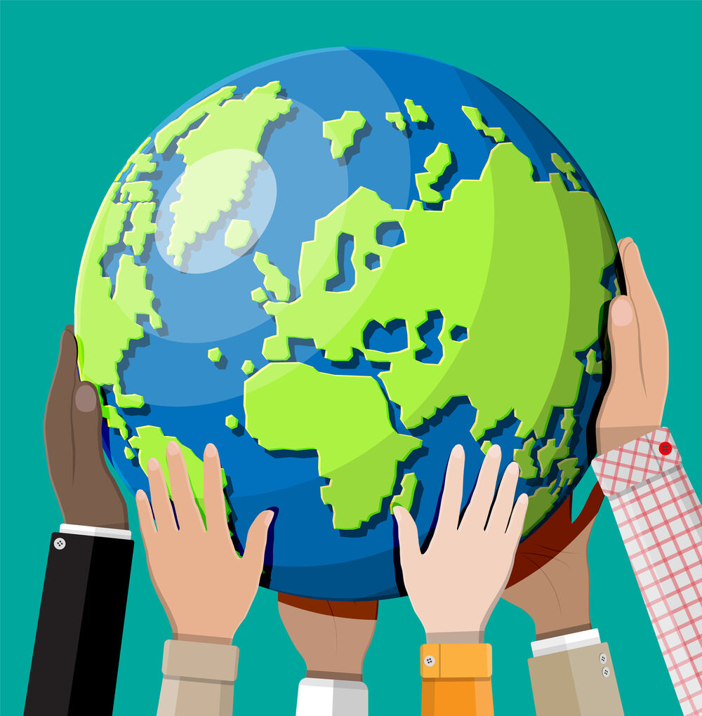 Illustration of hands of multiple ethnicities holding up the earth
