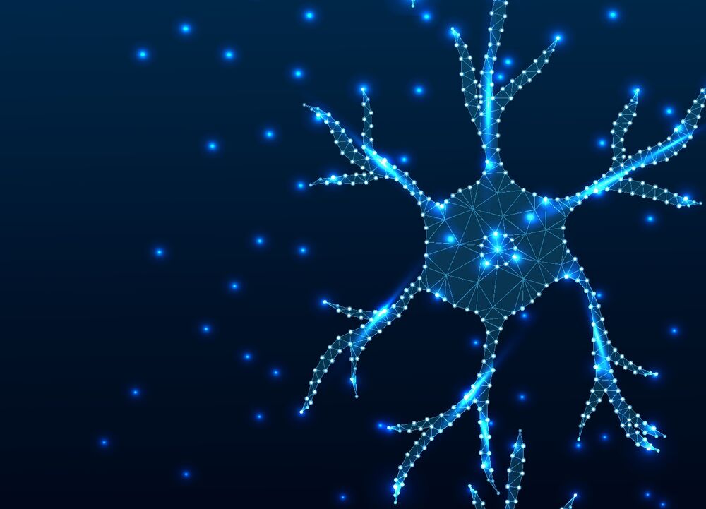 Digital image of a neuron in front of a dark blue background