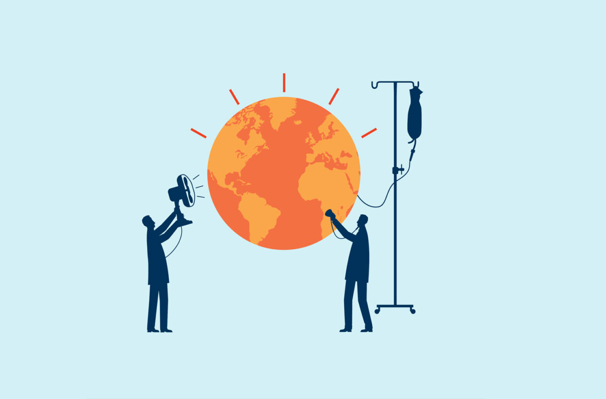 Illustration of two figures next to an orange-coloured earth. One figure holds a fan up to the globe, the other is attaching a UV.