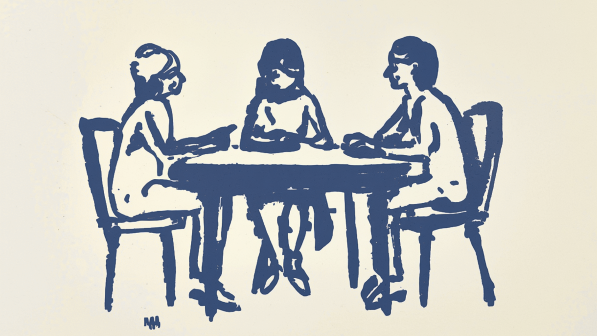 Illustration of figures at a table
