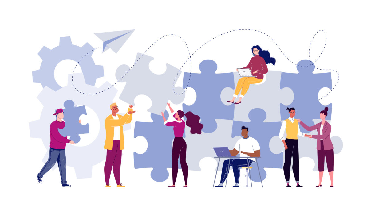 Colourful illustration of people arranging a giant jigsaw - suggesting teamwork